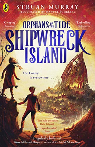 Book cover: children on rocks, shipwreck in stormy background.