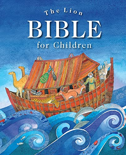 Noah’s Ark with animals on blue waves, book cover illustration.