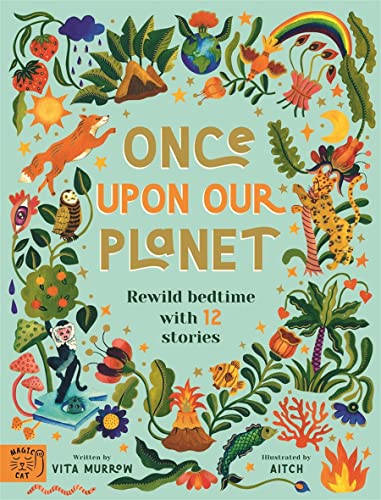 Book cover with illustrated animals, plants, and a globe, titled "Once Upon Our Planet".