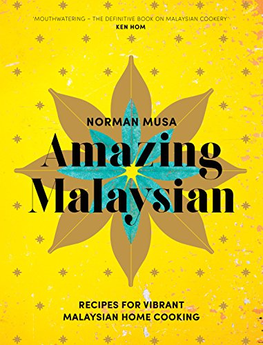 Yellow cookbook cover with a stylized flower and the title "Amazing Malaysian".