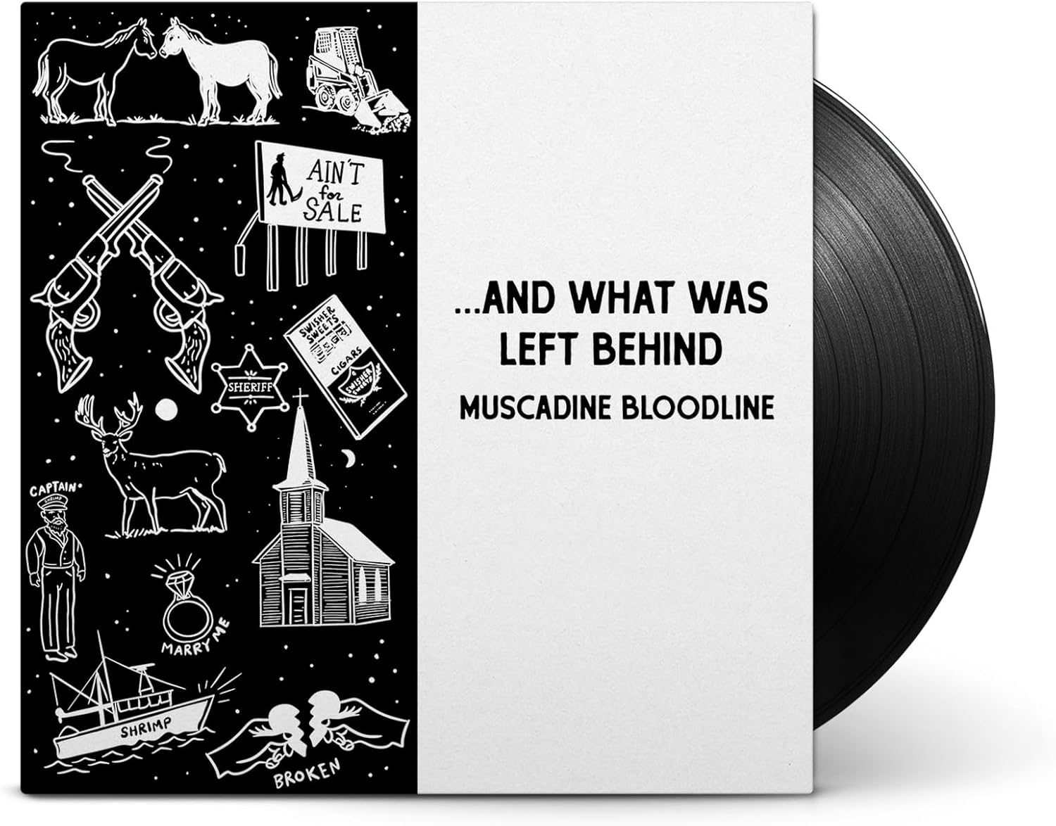 Vinyl record cover with white text on a split black and white background.