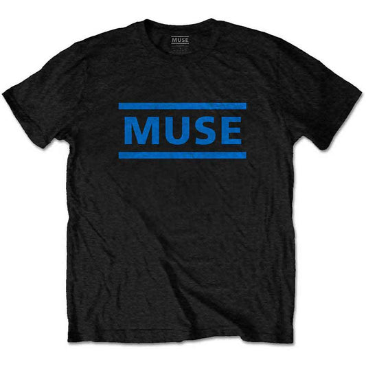 Black Muse t-shirt with blue logo and horizontal lines.