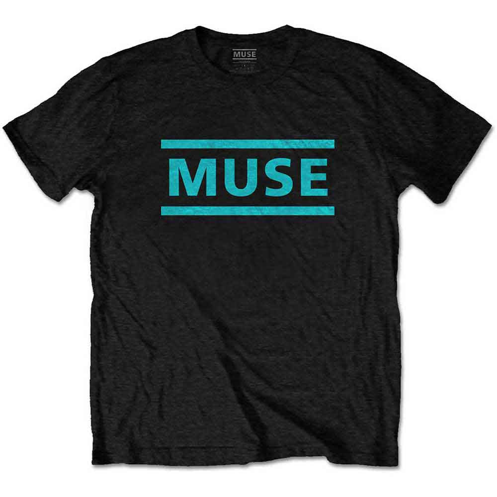 Black t-shirt with light blue "MUSE" logo worn by a man.