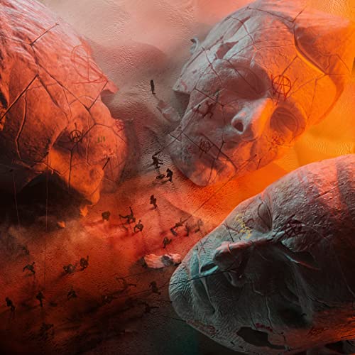 "Album cover with cracked, stone-like skulls and small figures in an orange-red haze."