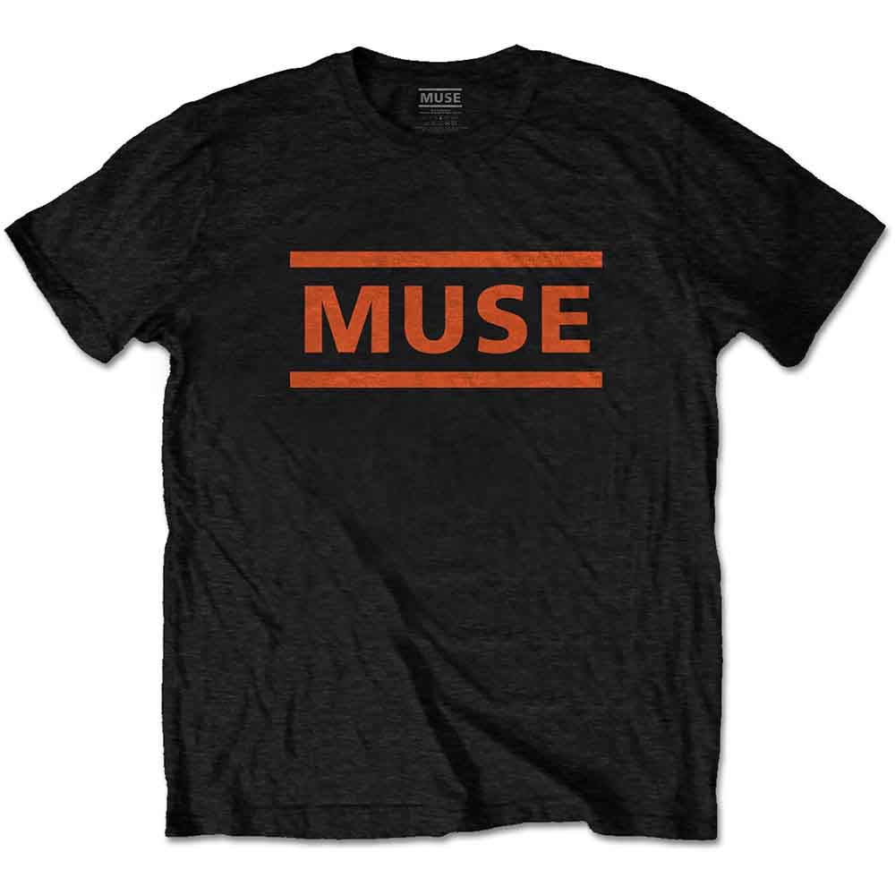 Black t-shirt with orange "Muse" logo and horizontal lines.