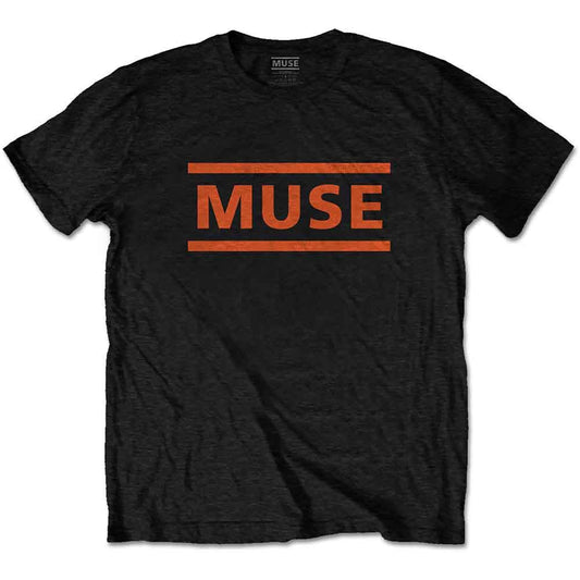 Black t-shirt with orange "Muse" logo and horizontal lines.