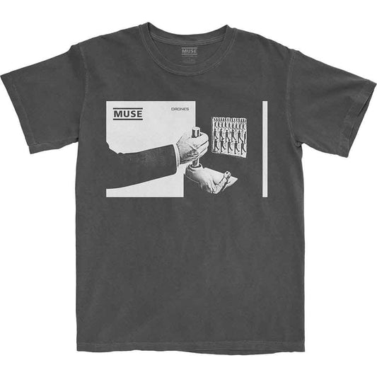 Charcoal grey Muse t-shirt featuring a graphic of a hand pressing a stamp.