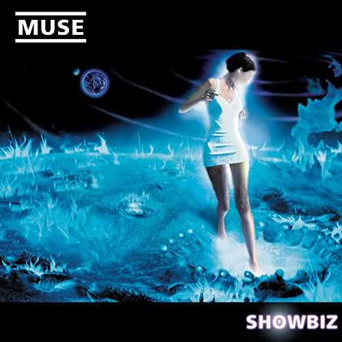 Muse “Showbiz” album cover: woman in white on blue, textured landscape.