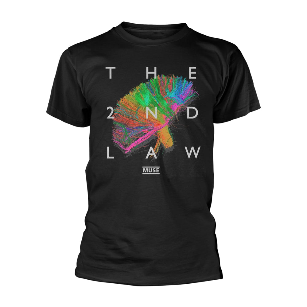 Black t-shirt with colorful, geometric "The 2nd Law" Muse band logo.
