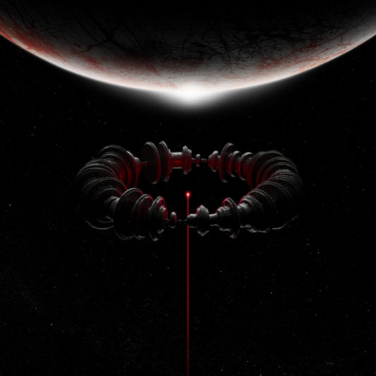 CD cover art featuring a dark ring-shaped space station beneath a planet with a laser.