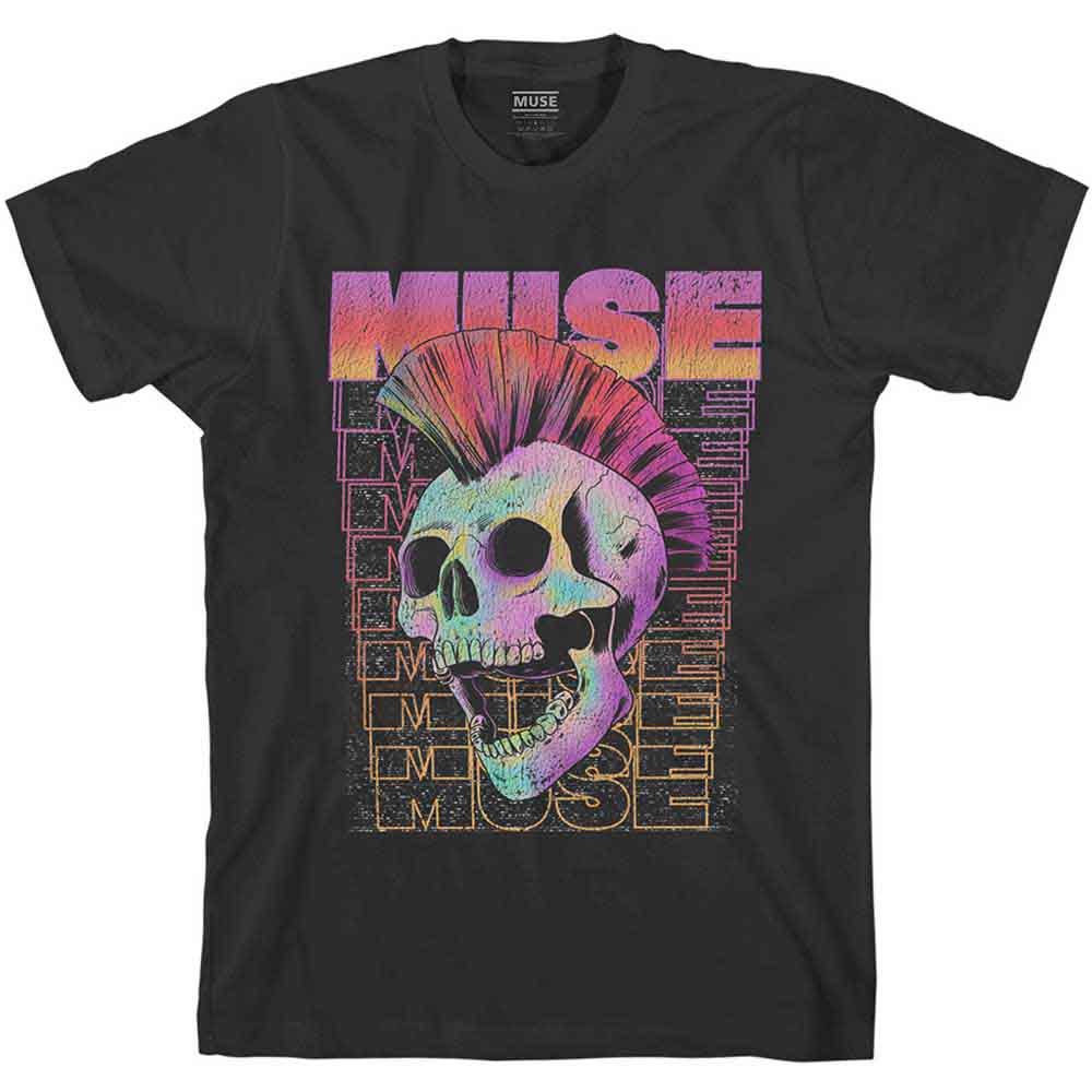 A black unisex t-shirt featuring a graphic print of a skull with a mohawk.