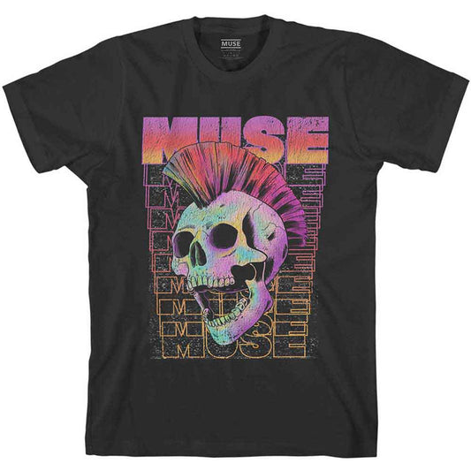 A black unisex t-shirt featuring a graphic print of a skull with a mohawk.