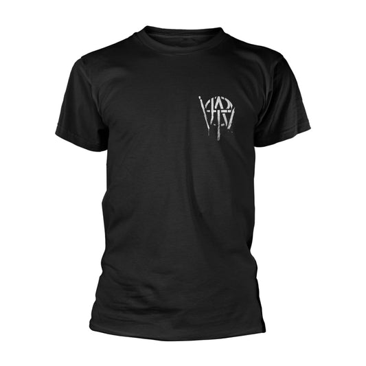 Black t-shirt with a white, abstract graphic on the chest.