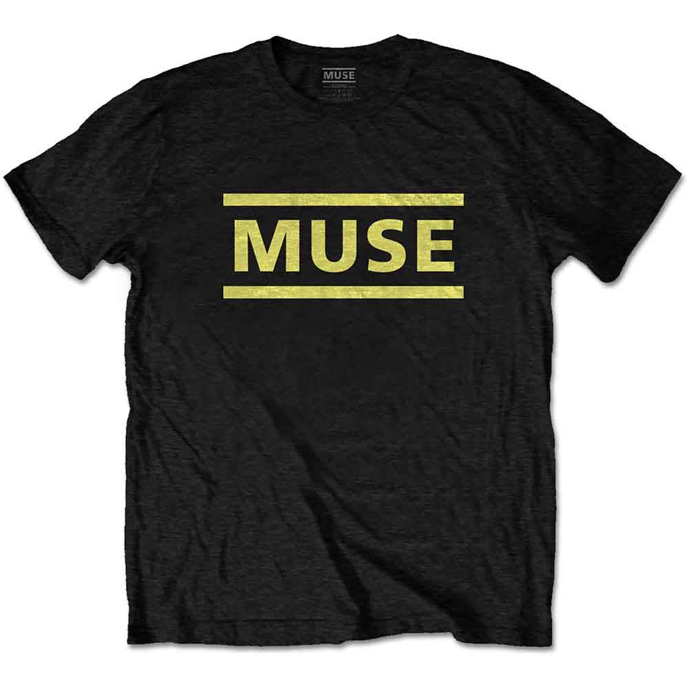 Black t-shirt with gold "MUSE" logo worn by a man.