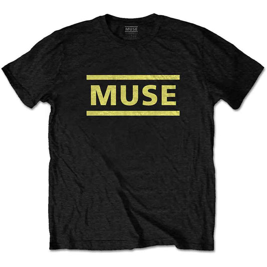 Black t-shirt with gold "MUSE" logo worn by a man.