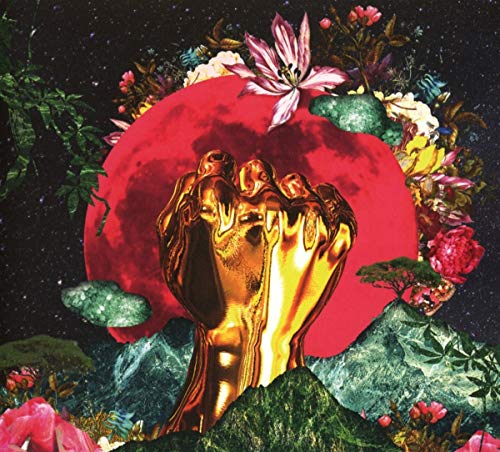 Golden hands cupped against a red moon and floral landscape.