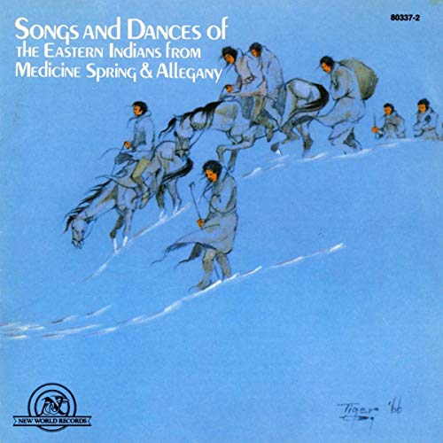 "Album cover with illustration of people on horseback on a blue background."