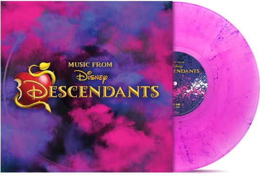 Music from Disney Descendants album cover and a marbled pink vinyl record.