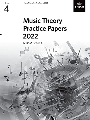 Book cover with musical notation, title “Music Theory Practice Papers”, ABRSM Grade 4.