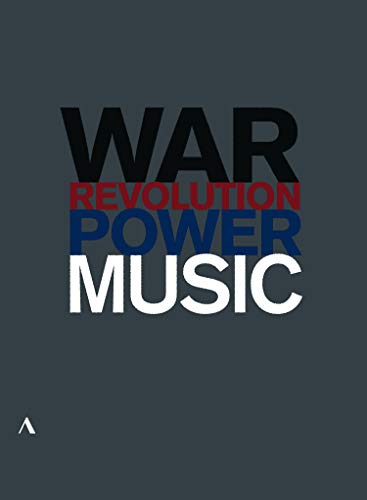 The image shows a DVD cover with the words "WAR REVOLUTION POWER MUSIC" on a dark grey background. For accessibility purposes, a suitable alt text could be: "DVD cover with 'WAR REVOLUTION POWER MUSIC' in bold, colored text."
