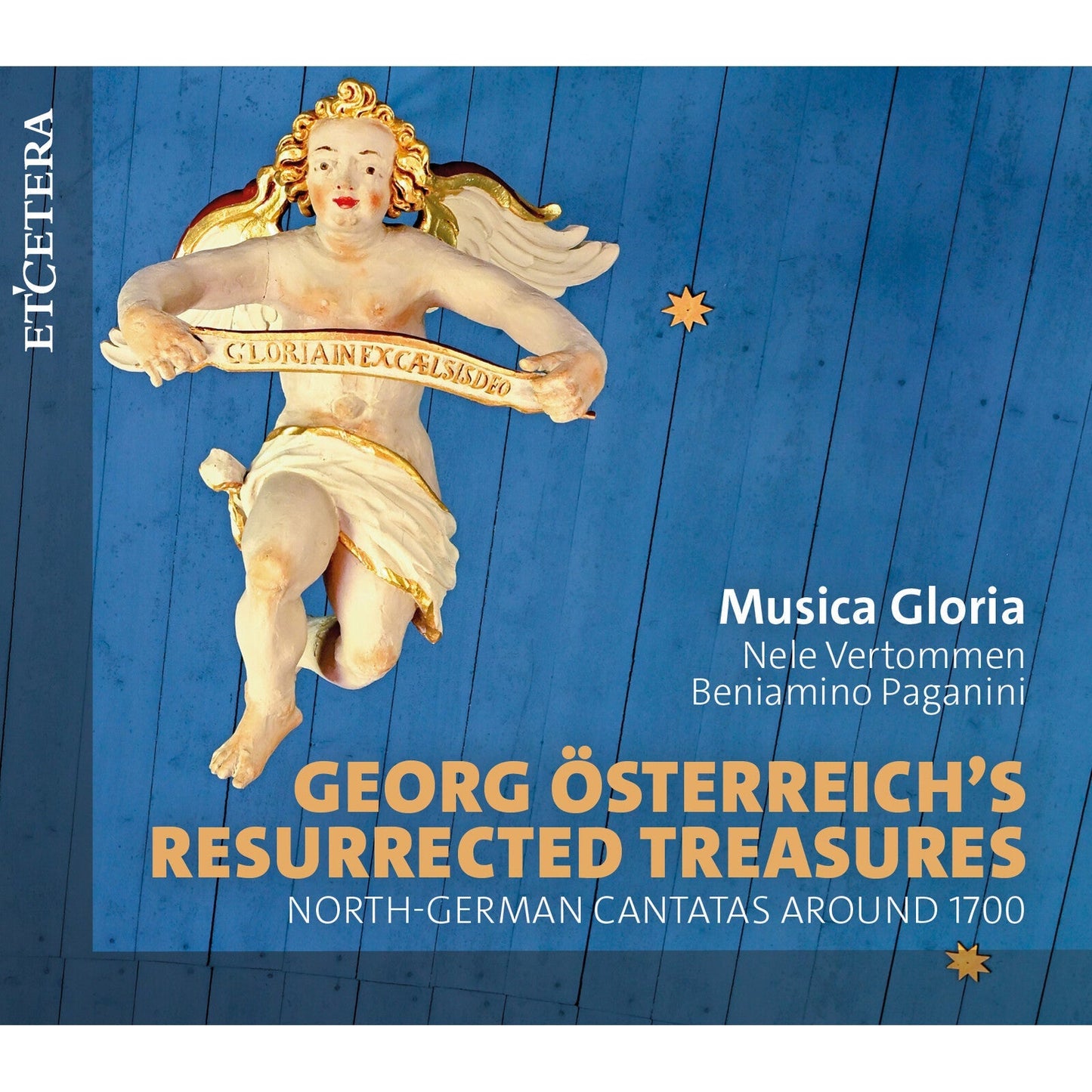CD cover featuring a cherub statue against a blue, wood-grain background.