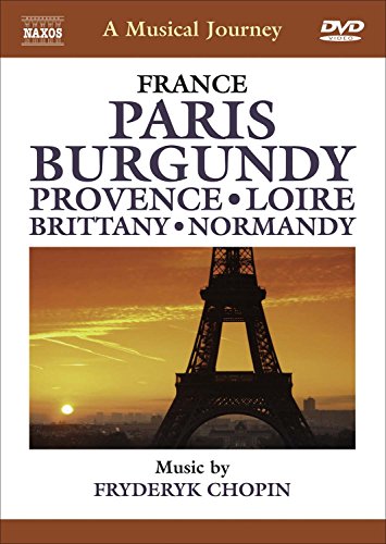 DVD cover with Eiffel Tower silhouette at sunset, featuring text about France and Chopin's music.