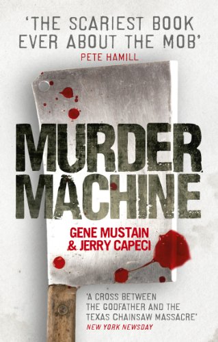 Book cover: "Murder Machine" with a large cleaver and blood splatters.