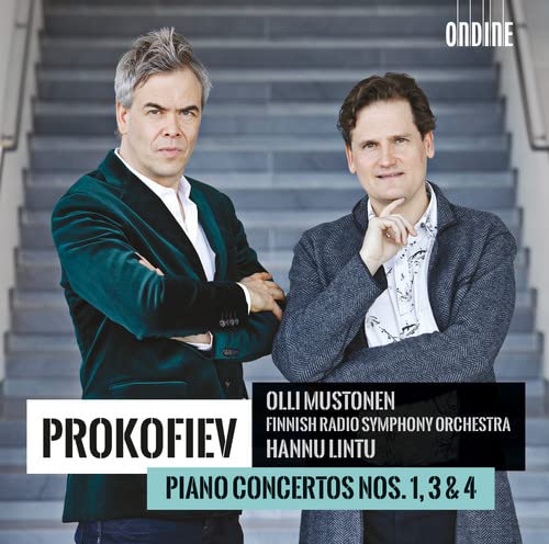 Two men standing in front of stairs on a Prokofiev piano concertos CD cover.