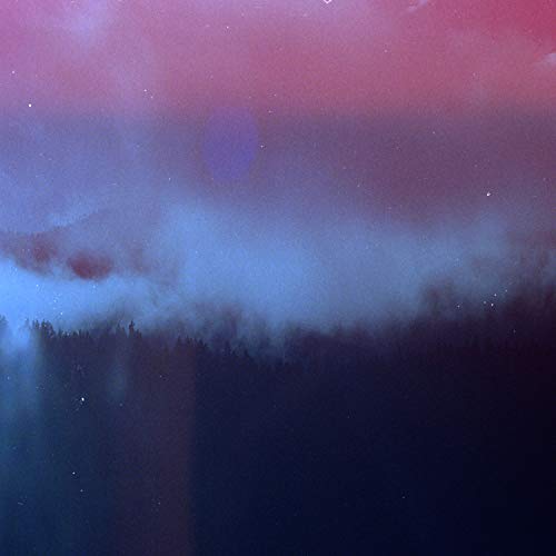 Dark forest silhouette under a vibrant, swirling pink and blue sky.