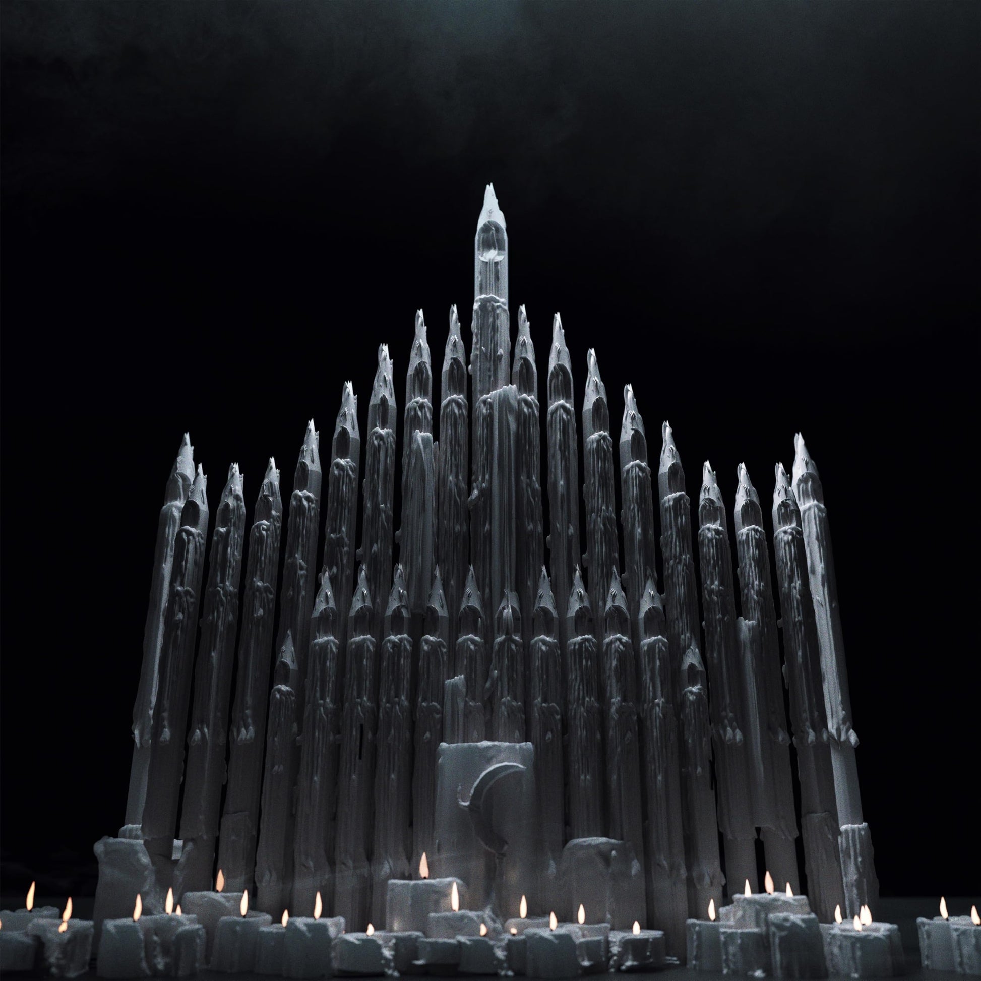 Tall, melting candles arranged like a gothic cathedral in darkness.