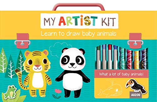 Yellow art kit with tiger, panda, and colorful drawing markers.