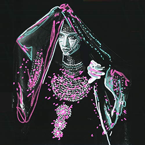 The image is a vinyl record cover featuring a woman adorned in jewelry. Alt text: "Vinyl record cover with a woman in beaded clothing and veil."