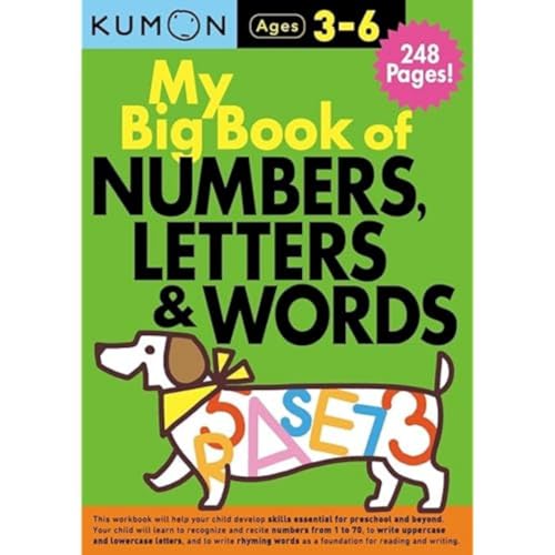 Kumon My Big Book of Numbers, Letters & Words workbook cover with a dog illustration.