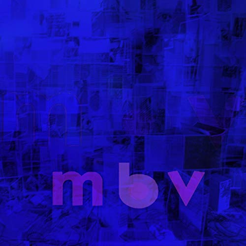 Blue abstract album cover with pink "m b v" text and layered imagery.