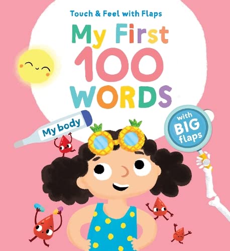 Children’s book cover with a smiling girl, objects, and “My First 100 Words.”