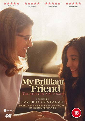 DVD cover for "My Brilliant Friend" series, showing two smiling young women facing each other.