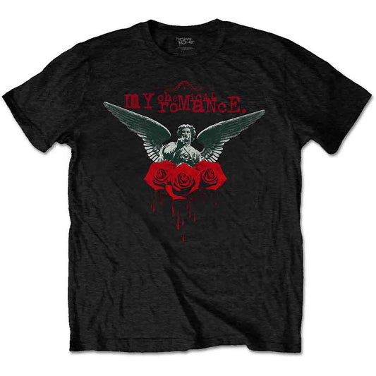Black My Chemical Romance t-shirt featuring a winged angel, red roses, and dripping paint.