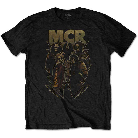 Black t-shirt with distressed graphic of My Chemical Romance band members.