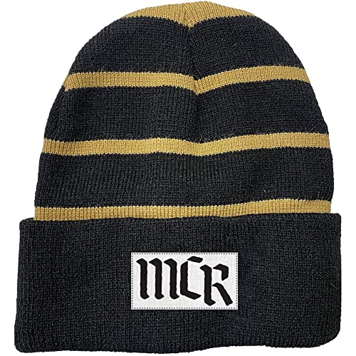 Black and gold striped knit beanie with a white patch featuring the MCR logo.