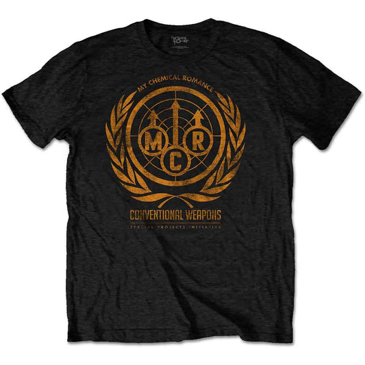 A man wearing a black t-shirt with a gold My Chemical Romance logo design.