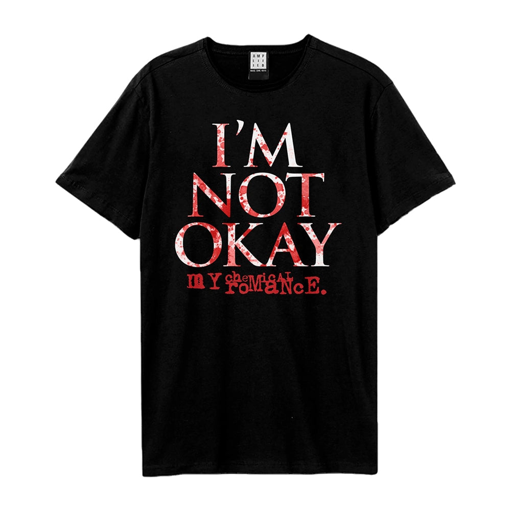 Black t-shirt with red “I’M NOT OKAY” and “My Chemical Romance” text.