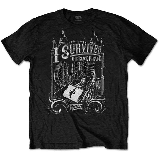 Black t-shirt featuring a white graphic of a roller coaster and The Black Parade.