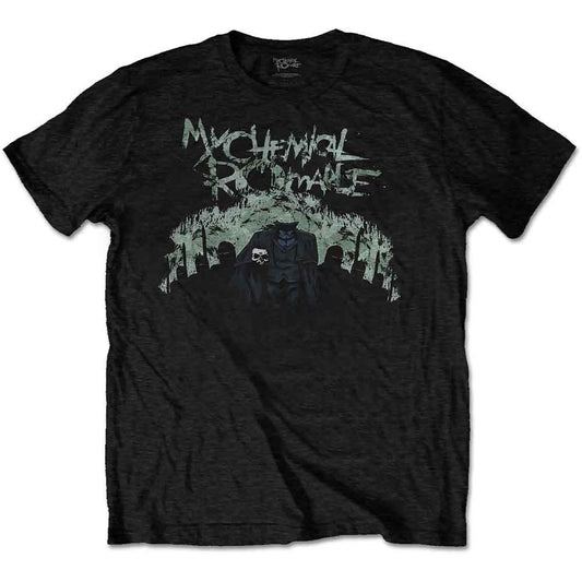 A man wearing a black My Chemical Romance t-shirt with a knight graphic.