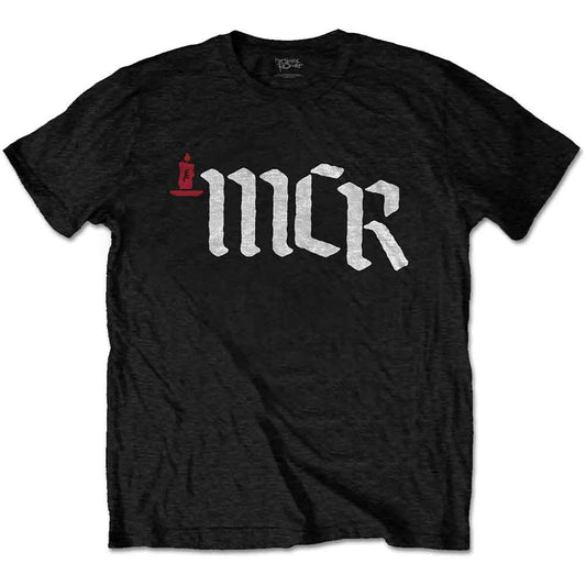 Black t-shirt with a distressed white "MCR" logo and red detail.