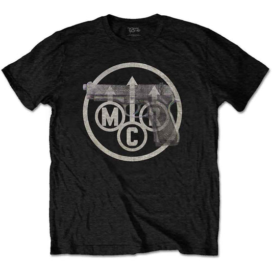 Man wearing a black t-shirt with a circular My Chemical Romance design.