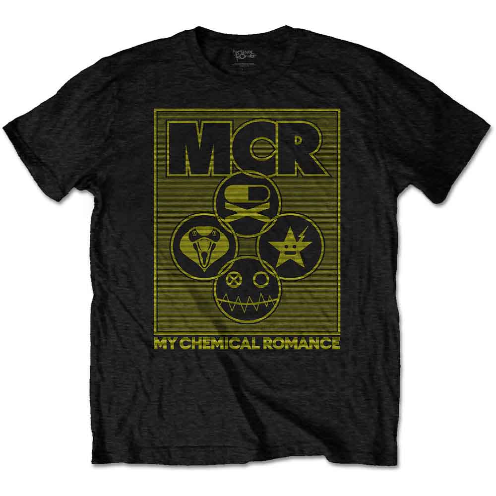 Black t-shirt with yellow "MCR" and four circular graphic designs.