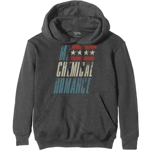 Charcoal grey hoodie with "My Chemical Romance" logo and stars graphic.