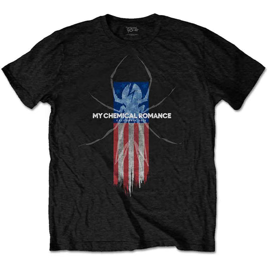 Black t-shirt featuring a spider graphic over a distressed American flag and band text.