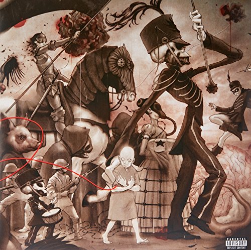 "Vinyl record cover featuring a dark, sepia-toned illustration of skeletons and a young girl."
