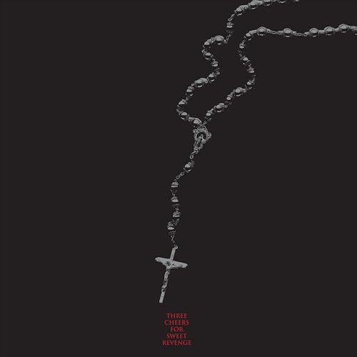 Black album cover with a silver rosary and red text below.